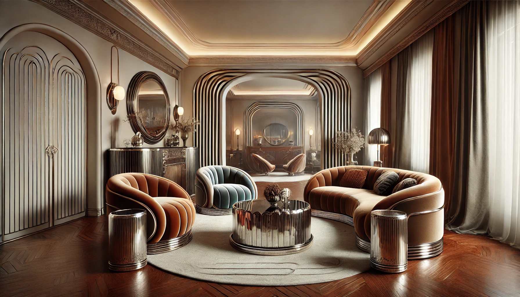 Art Deco Living Room With Curved Furniture And Vintage Pieces