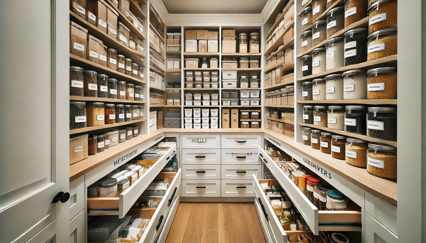 Beautifully Organized Pantry With Pull Out Drawers And Labeled Containers