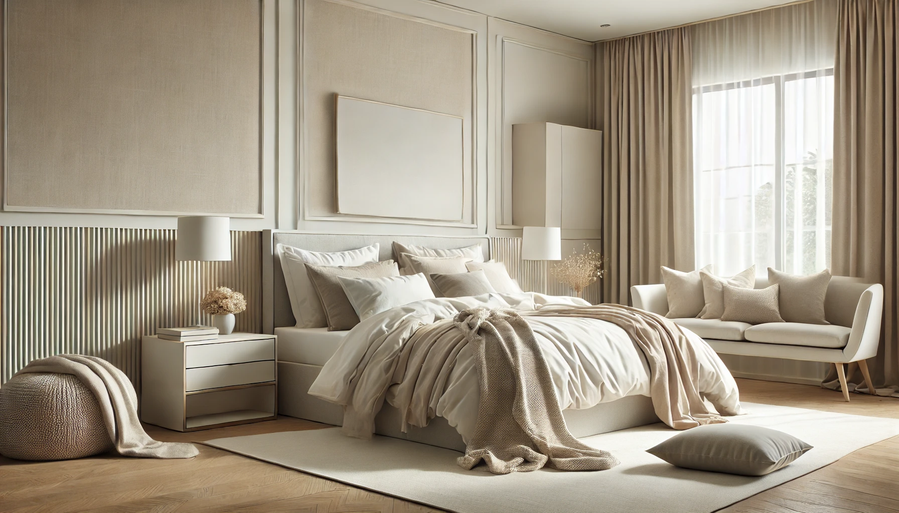 Calm Neutral Bedroom With Minimalist Furniture And Soft Bedding