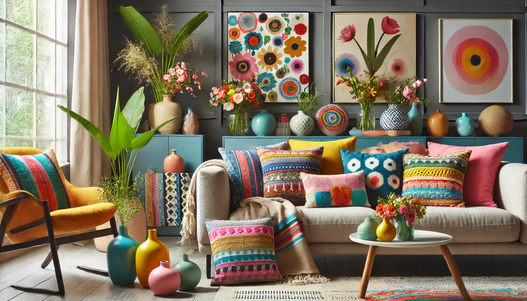 Colorful Home Accessories with Bright Pillows and Throws