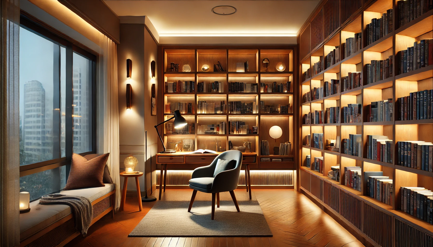 Cozy Home Library With Task And Ambient Lighting