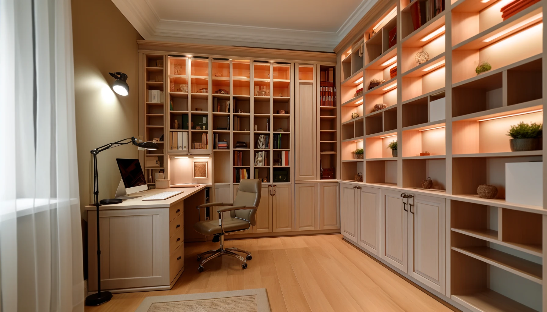 Cozy Home Office With Custom Wall To Wall Cabinets And Shelves