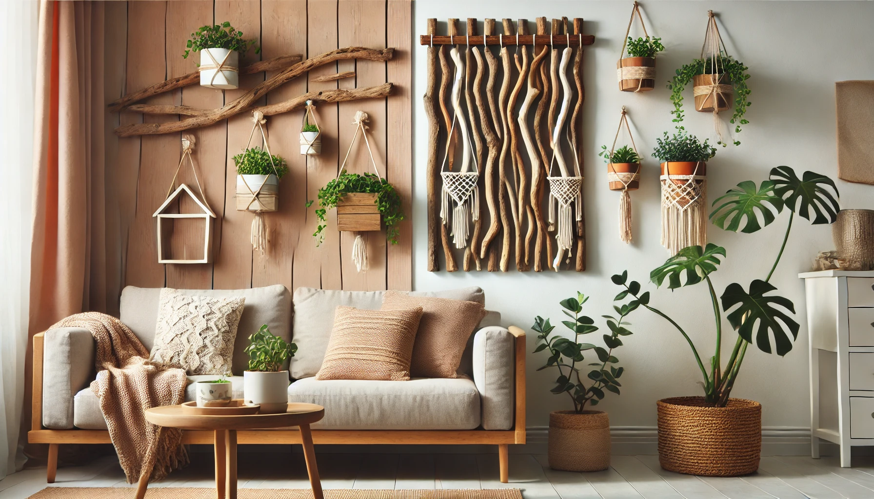 Cozy Living Room With Driftwood Wall Hanging And Hanging Planter Wall