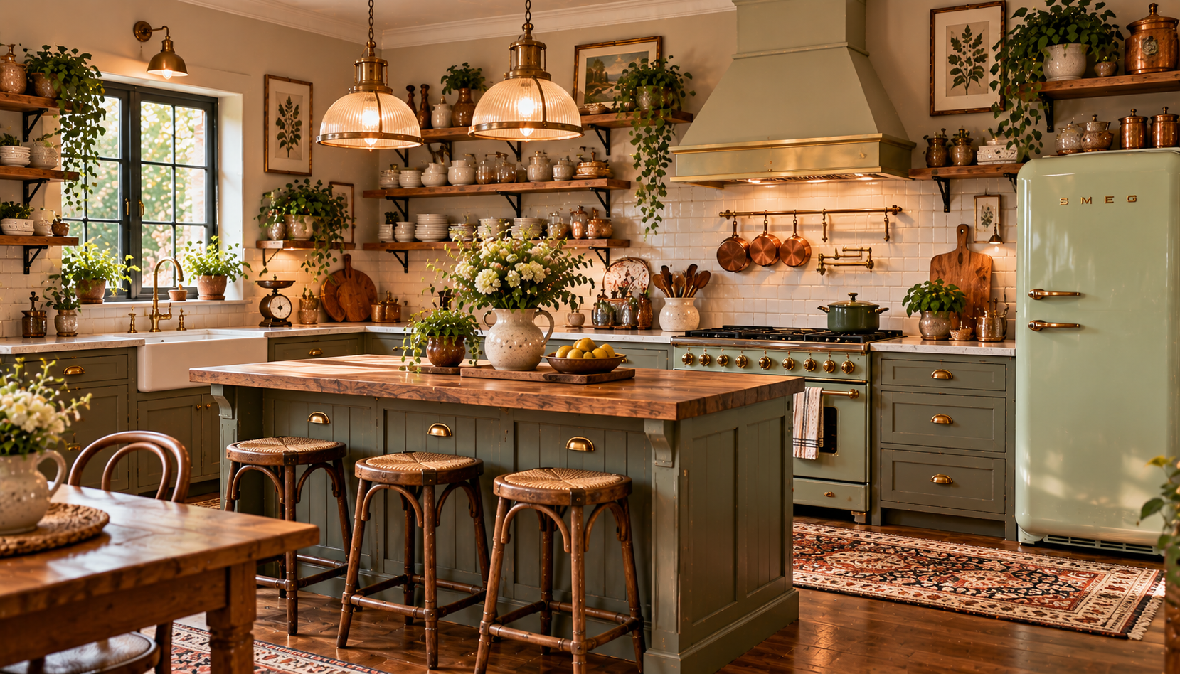 Cozy Vintage Green Farmhouse Kitchen