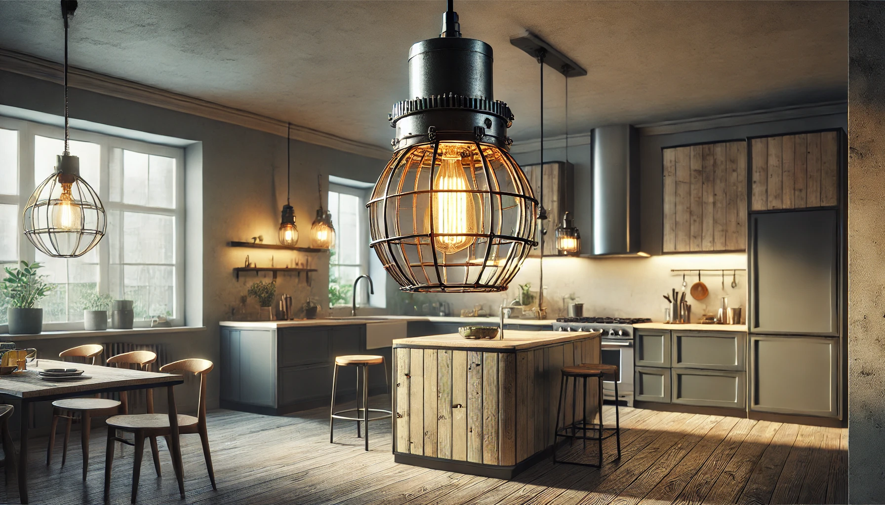 Diy Industrial Style Pendant Light Made From Upcycled Materials, Enhancing The Modern Kitchen.