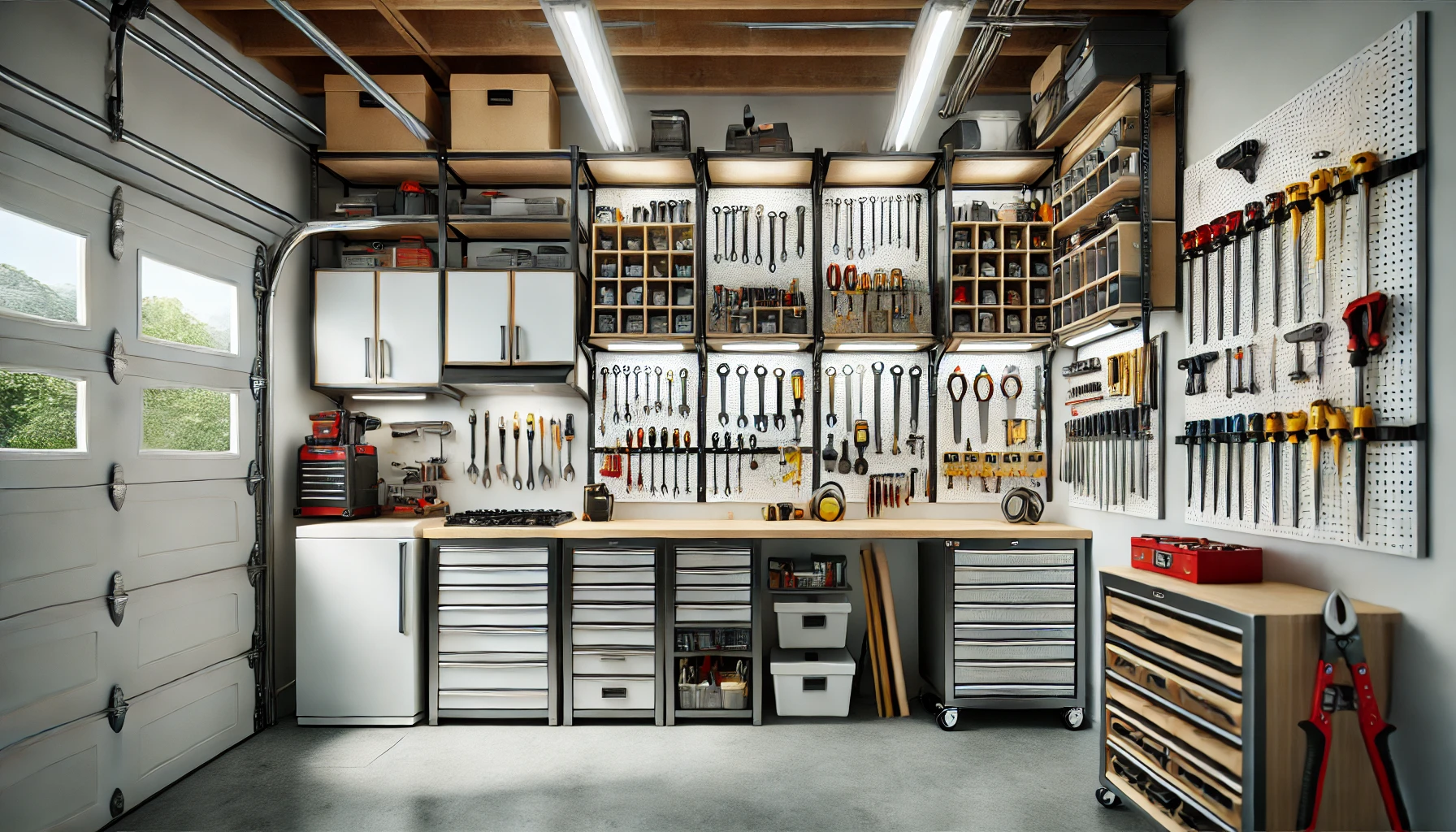 Efficient Garage With Wall Mounted Tool Racks And Overhead Storage