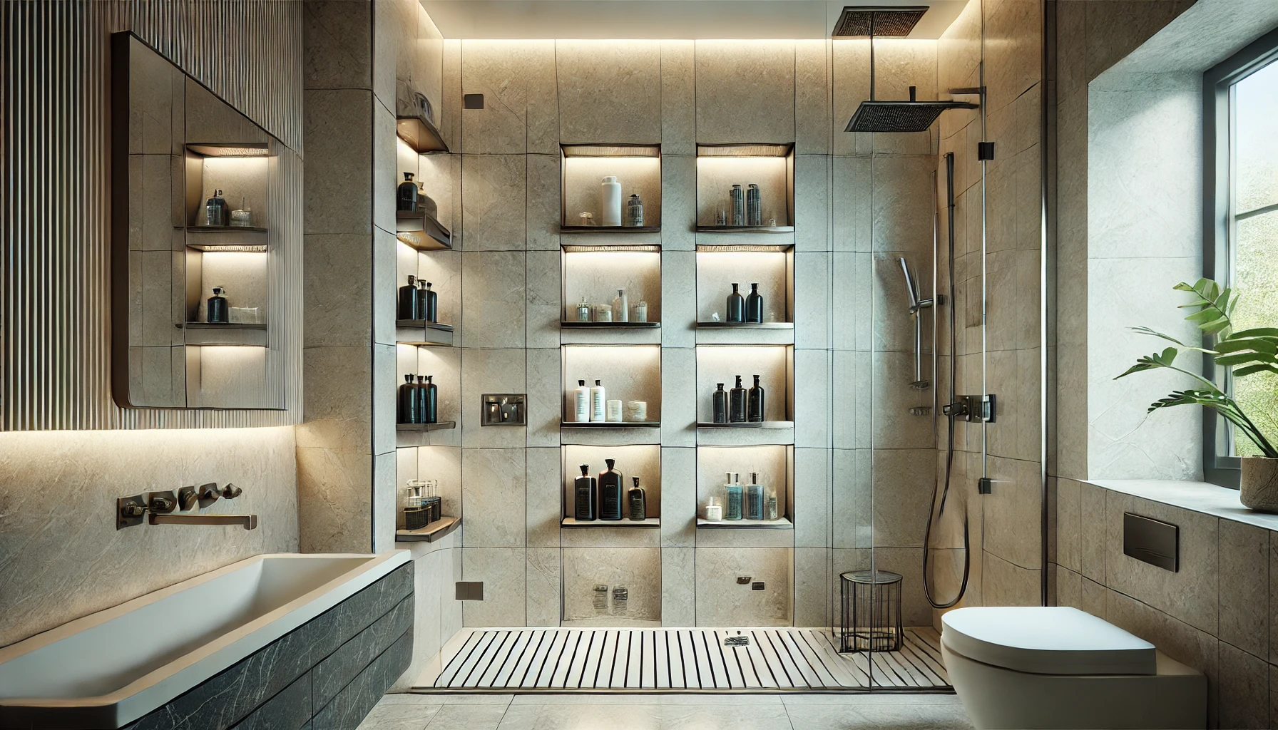 Elegant Contemporary Shower With Built In Shelves