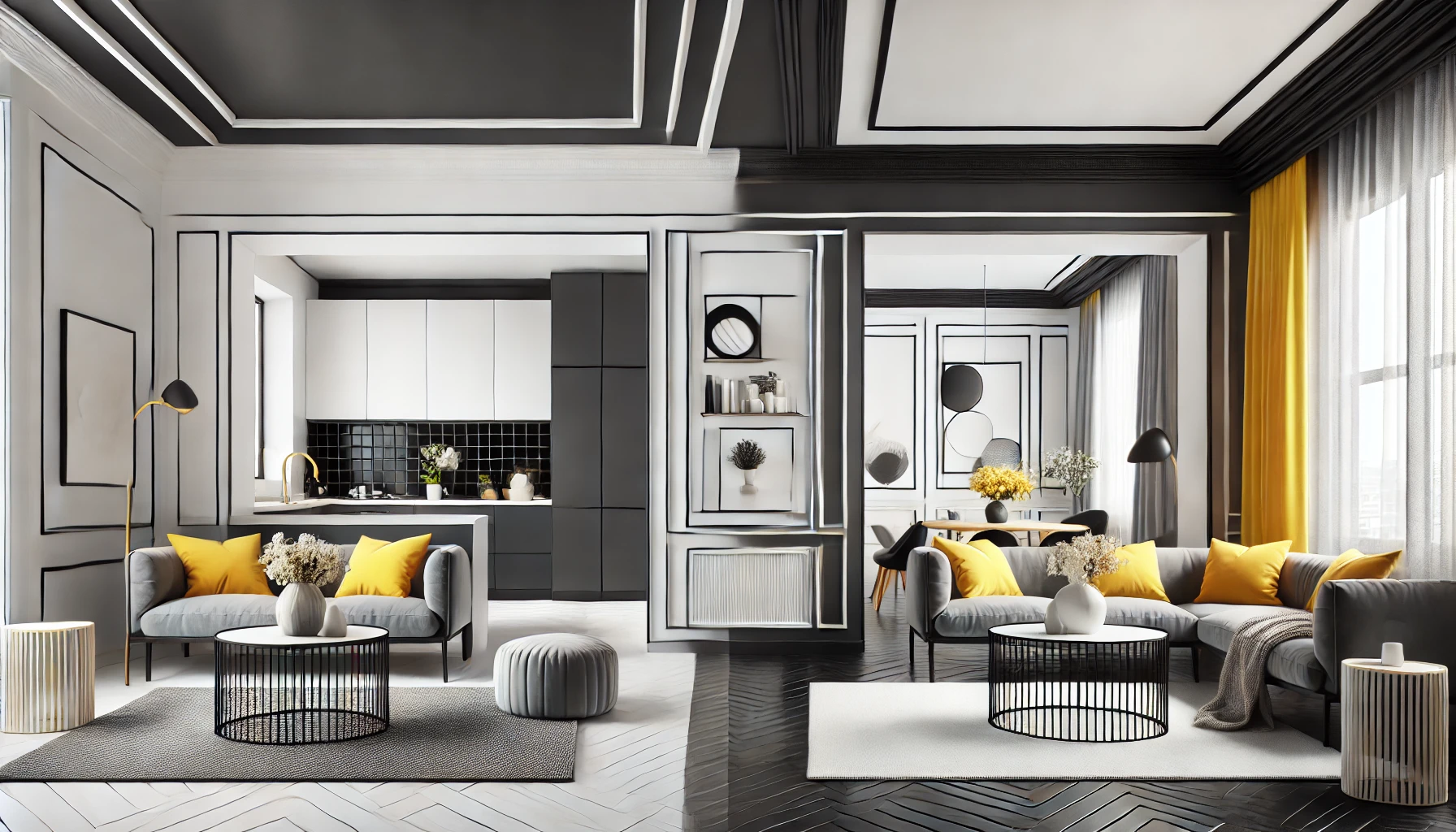 Elegant Two Tone Interior With Black And White And Gray And Yellow Accents