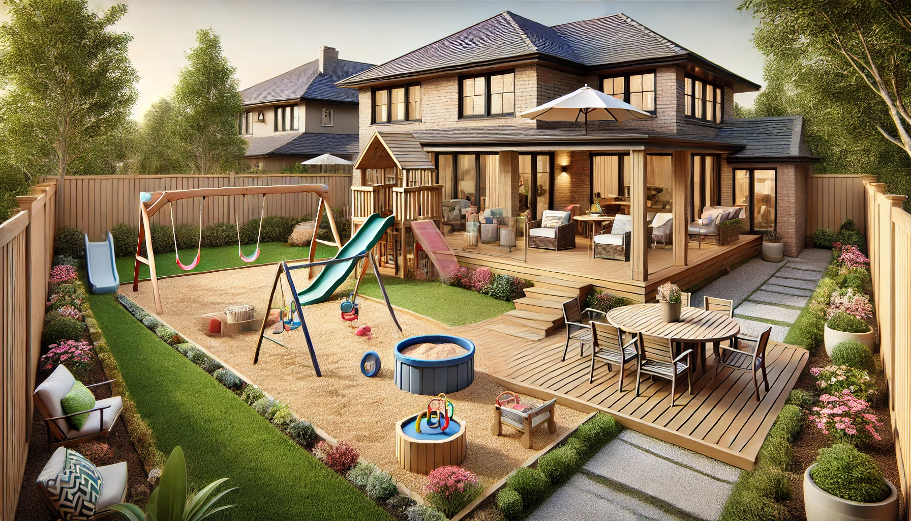 Family Friendly Backyard With Play Area And Outdoor Dining