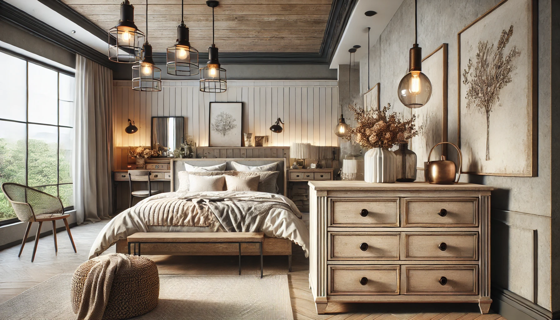 Here Is The Image Of The Modern Farmhouse Bedroom Featuring A Sleek Dresser, Vintage Décor, Industrial Style Lighting, Rustic Wooden Furniture, And Minimalist Bedding With Soft Tones.