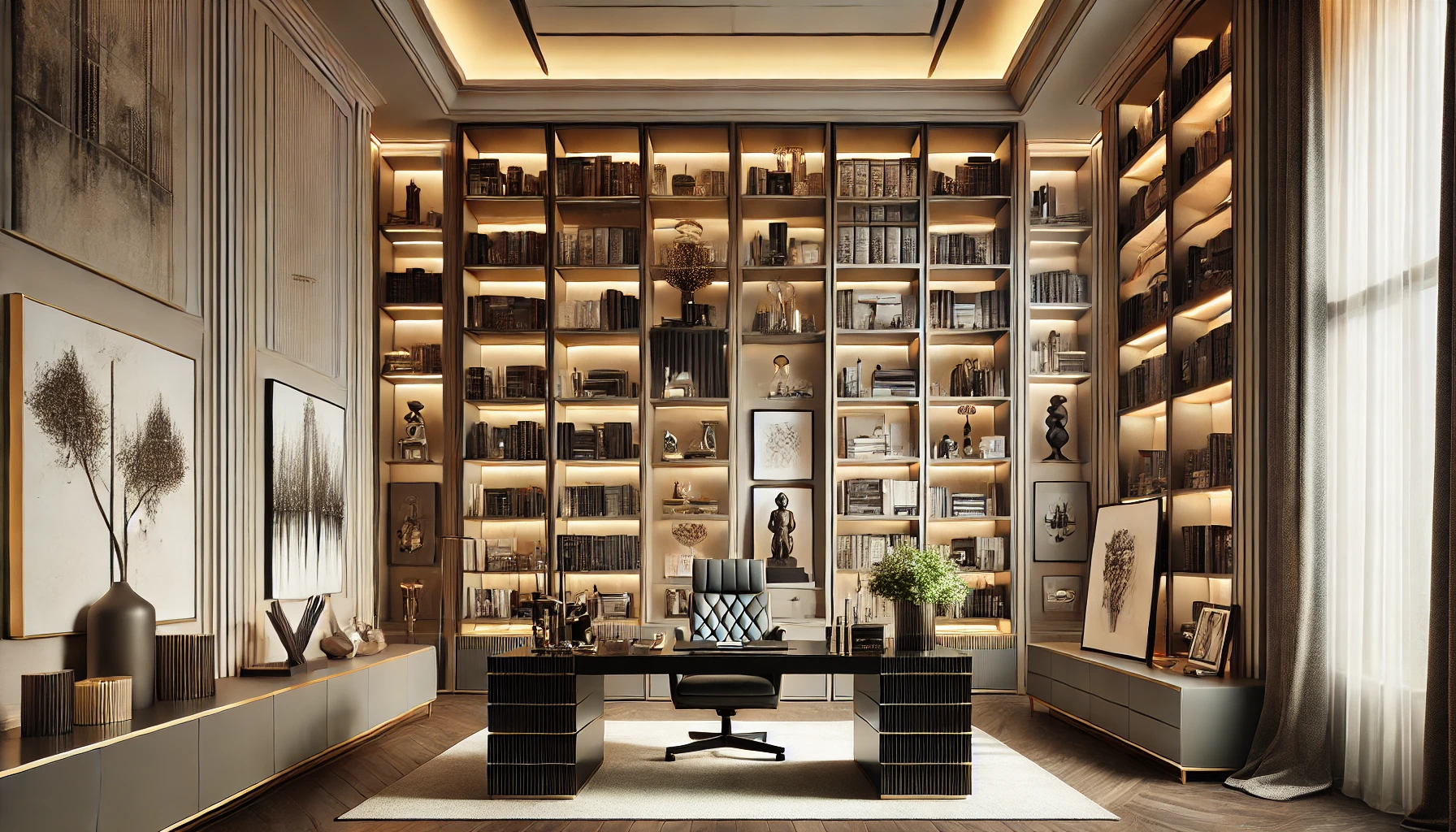 Luxurious Home Office With Grand Ceiling Reaching Shelves