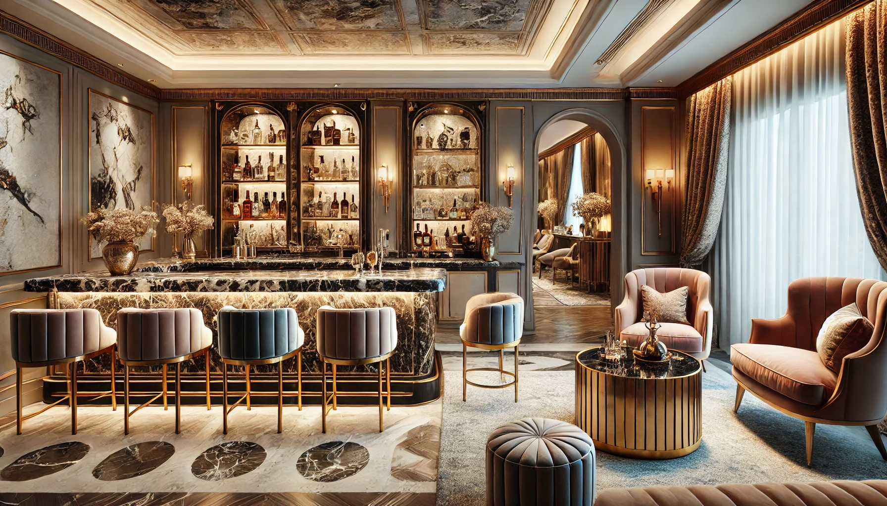 Luxury Home Bar Design With Marble And Gold Accents