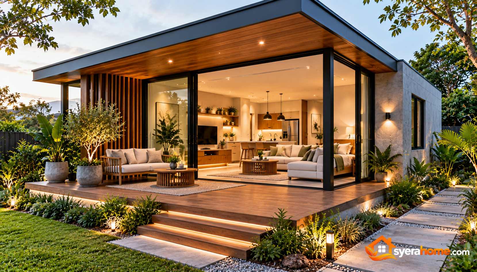 Modern Dusk House With Lush Landscaping