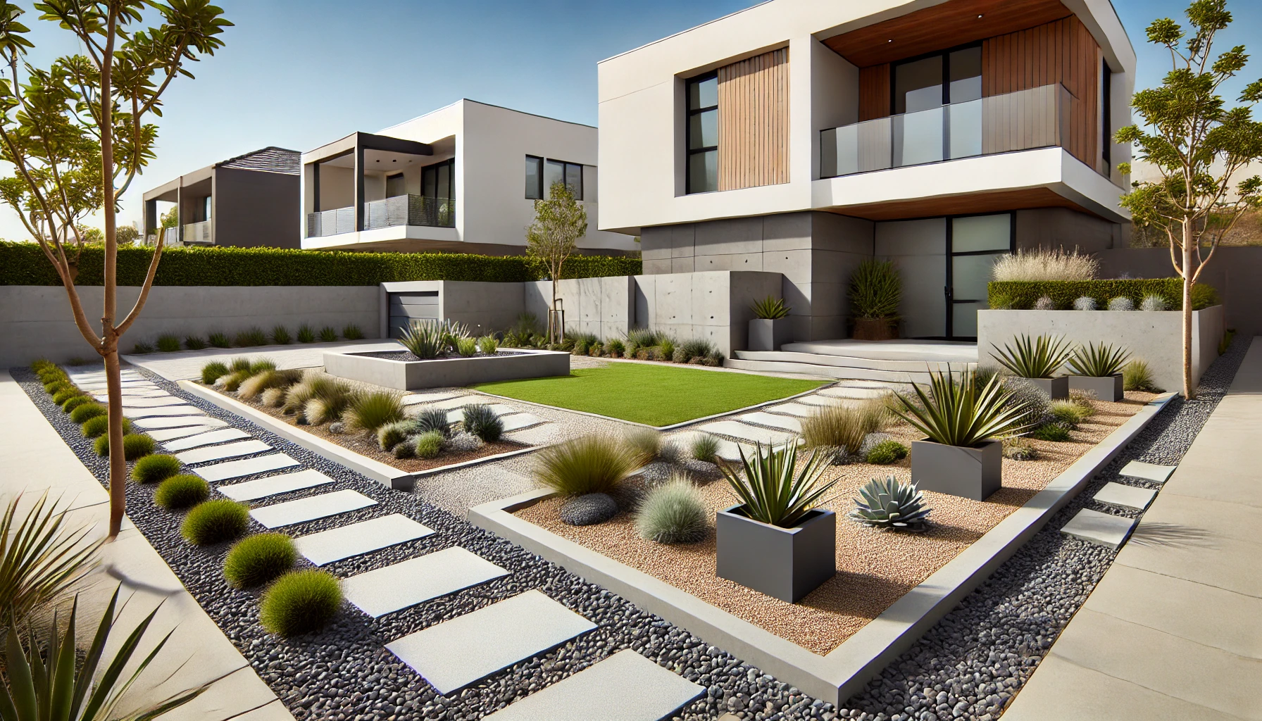 Modern Front Yard With Low Maintenance Landscaping And Hardscaping