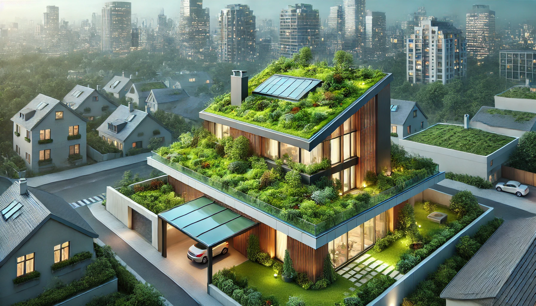 Modern Home With Lush Green Roofing For Energy Efficiency