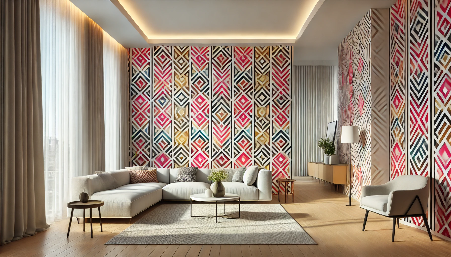 Modern Living Room With Bold Geometric Wallpaper