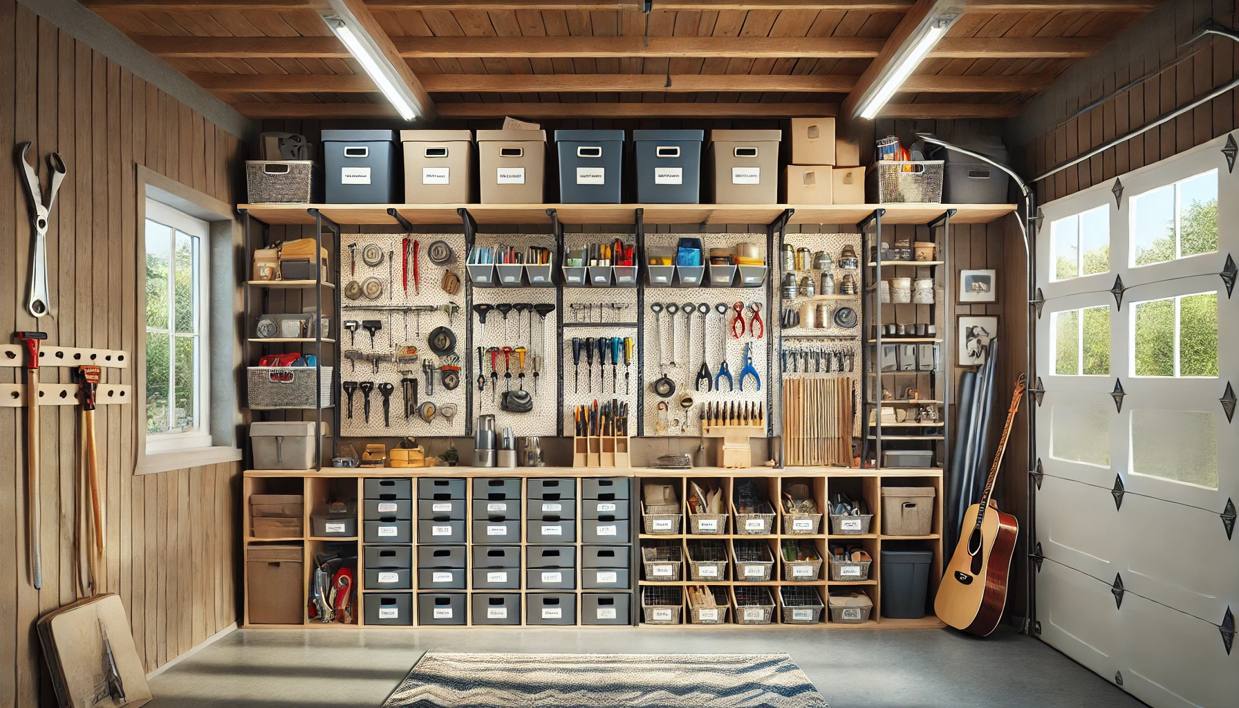 Organized Garage With Wall Mounted Shelves, Pegboards, And Activity Zones