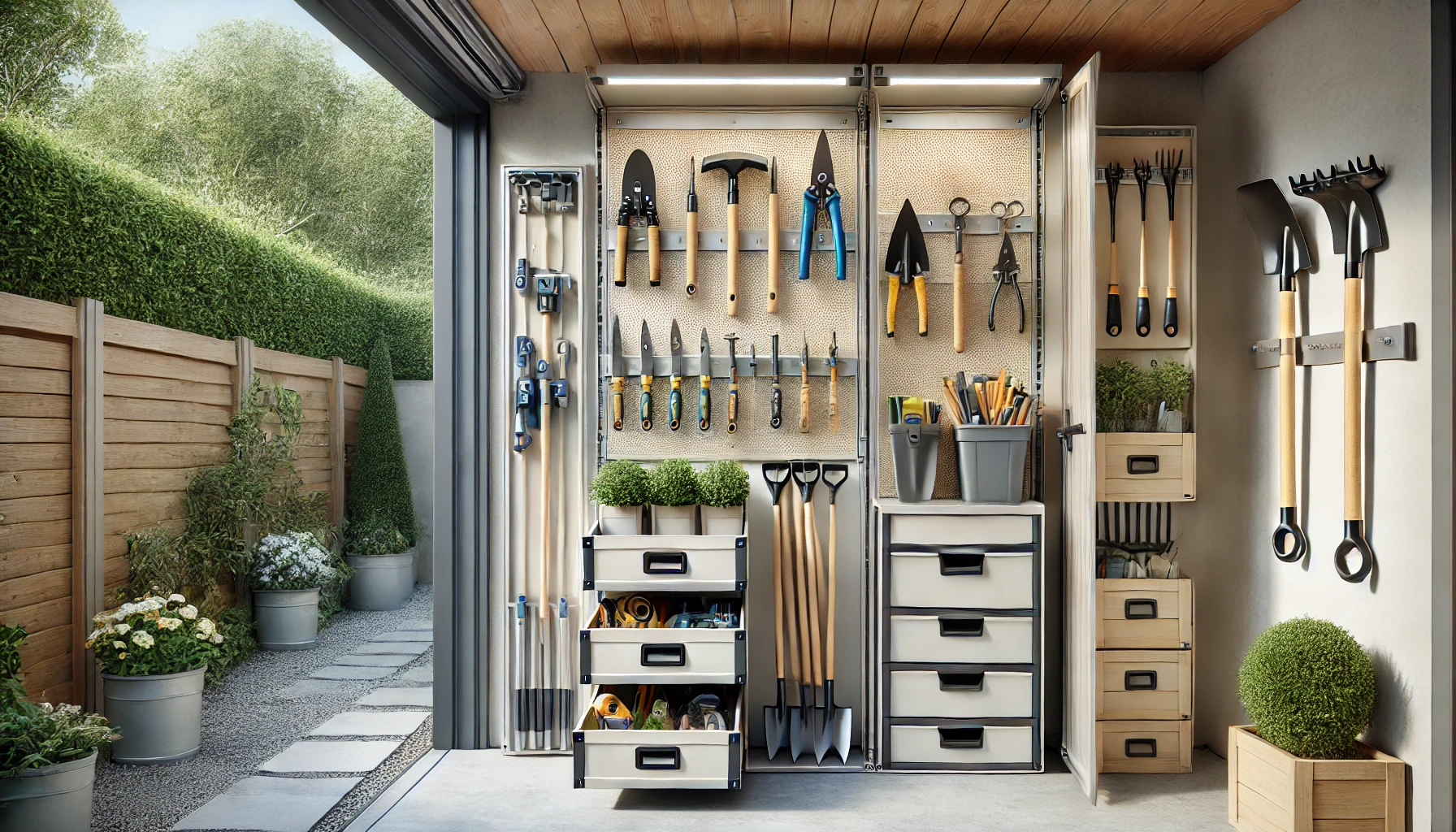 Organized Outdoor Storage Area With Wall Mounted Tool Racks And Weatherproof Boxes