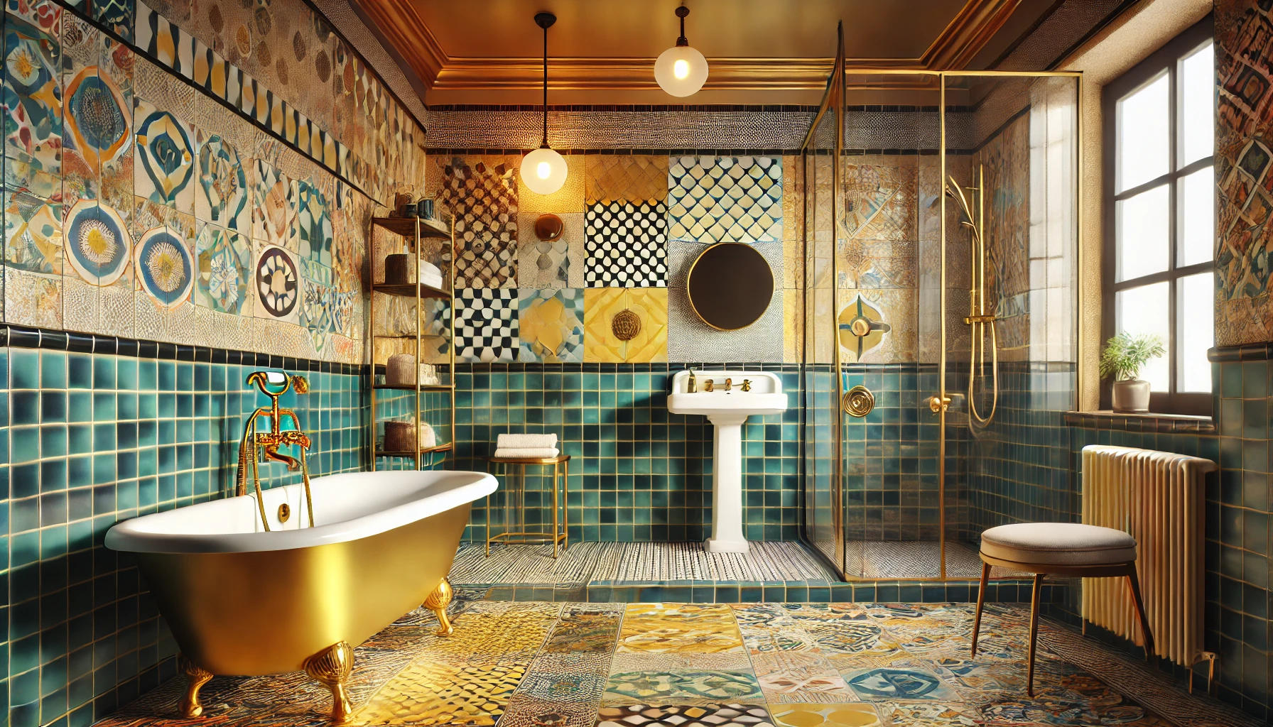 Retro Modern Bathroom With Vintage Fixtures And Bold Tiles