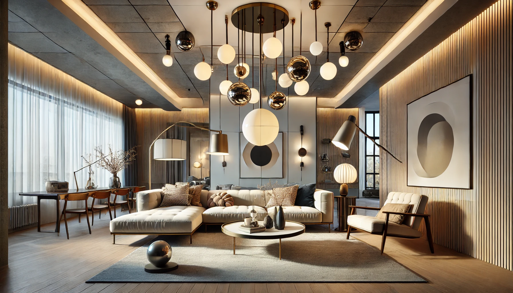 Retro-Modern Living Room with Sputnik Chandelier and Vintage Lighting