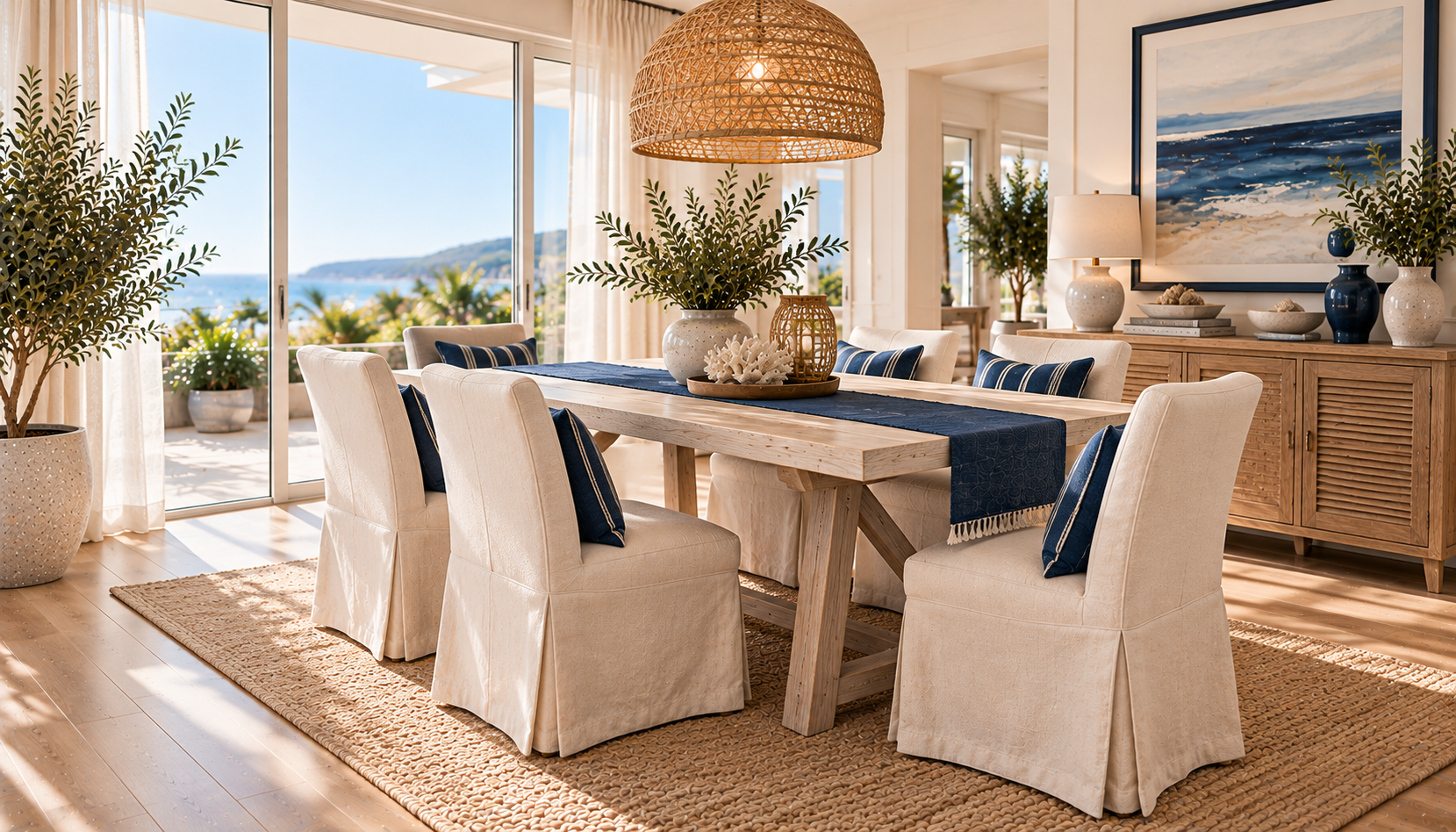 Sunlit Coastal Dining Room With Ocean View