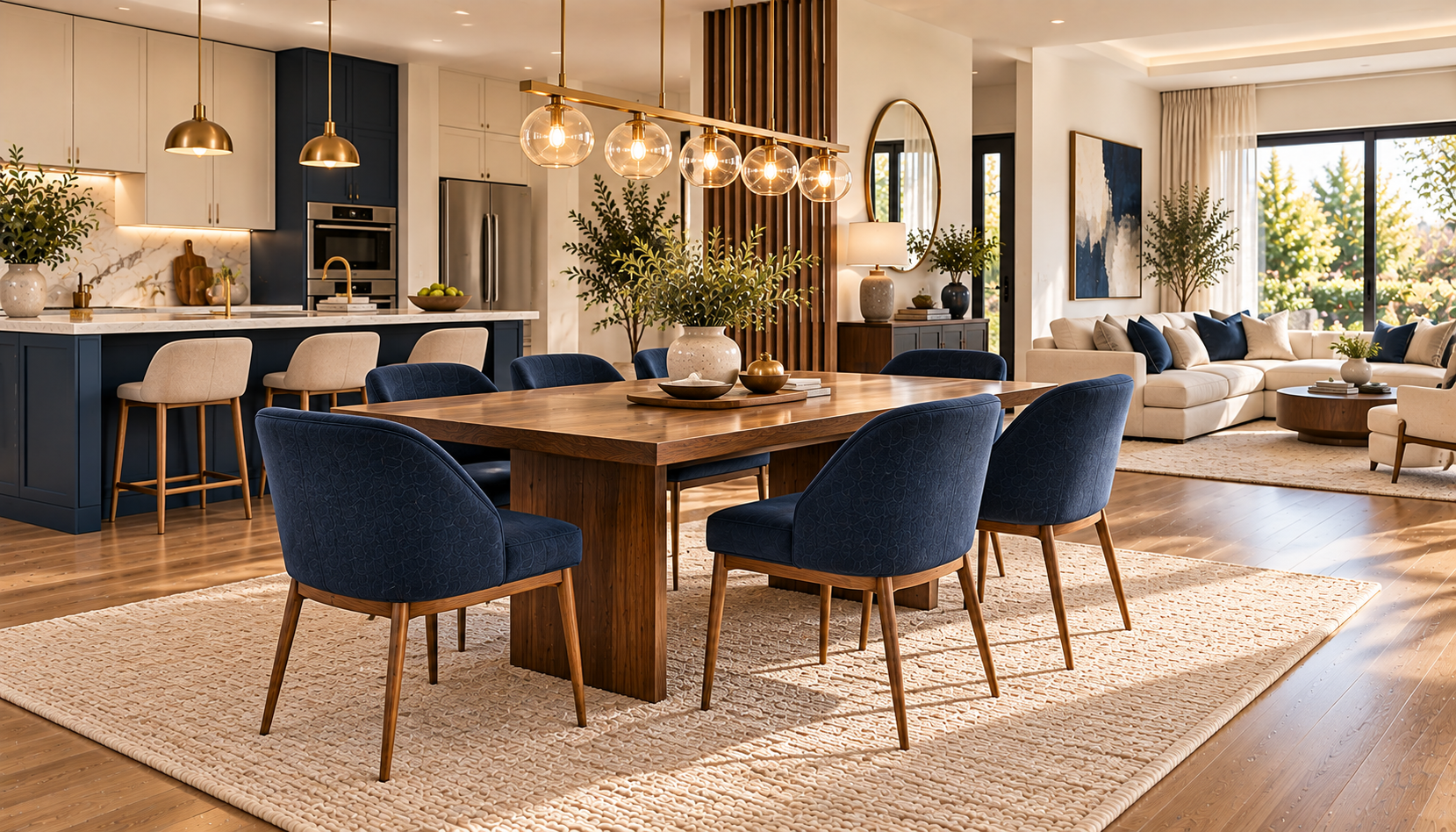 Sunlit Navy And Brass Open Plan Interior