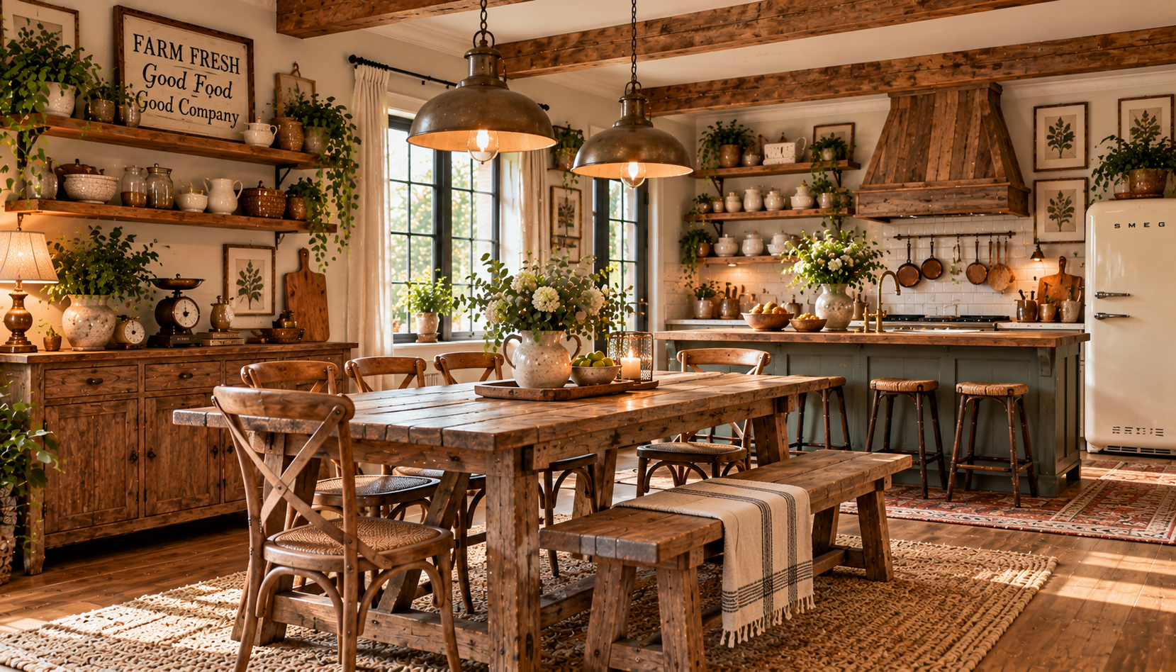 Sunlit Rustic Farmhouse Kitchen Dining Room
