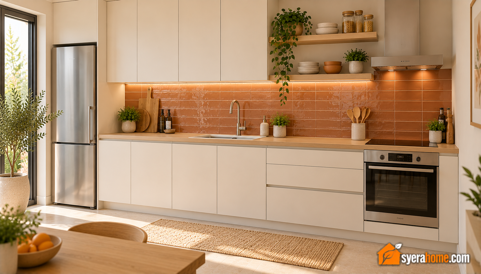 Warm Minimalist Kitchen With Greenery