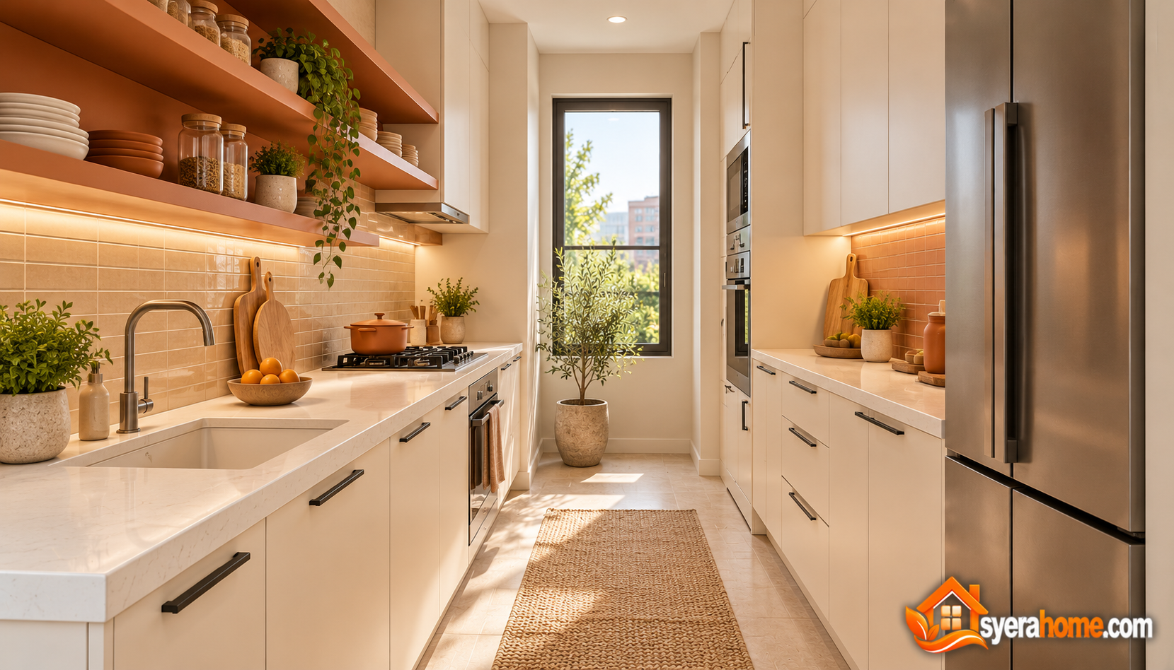 Warm Scandinavian Mediterranean Galley Kitchen