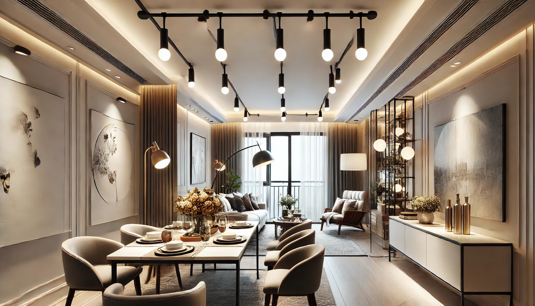 A Chic Apartment Living Space Featuring Track Lighting Above The Dining Area And Stylish Floor Lamps Creating A Comfortable, Well Lit Environment.