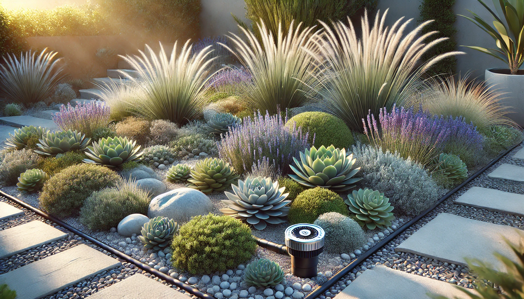 A Drought Resistant Garden With Succulents, Lavender, Ornamental Grasses, And A Visible Automated Irrigation System.