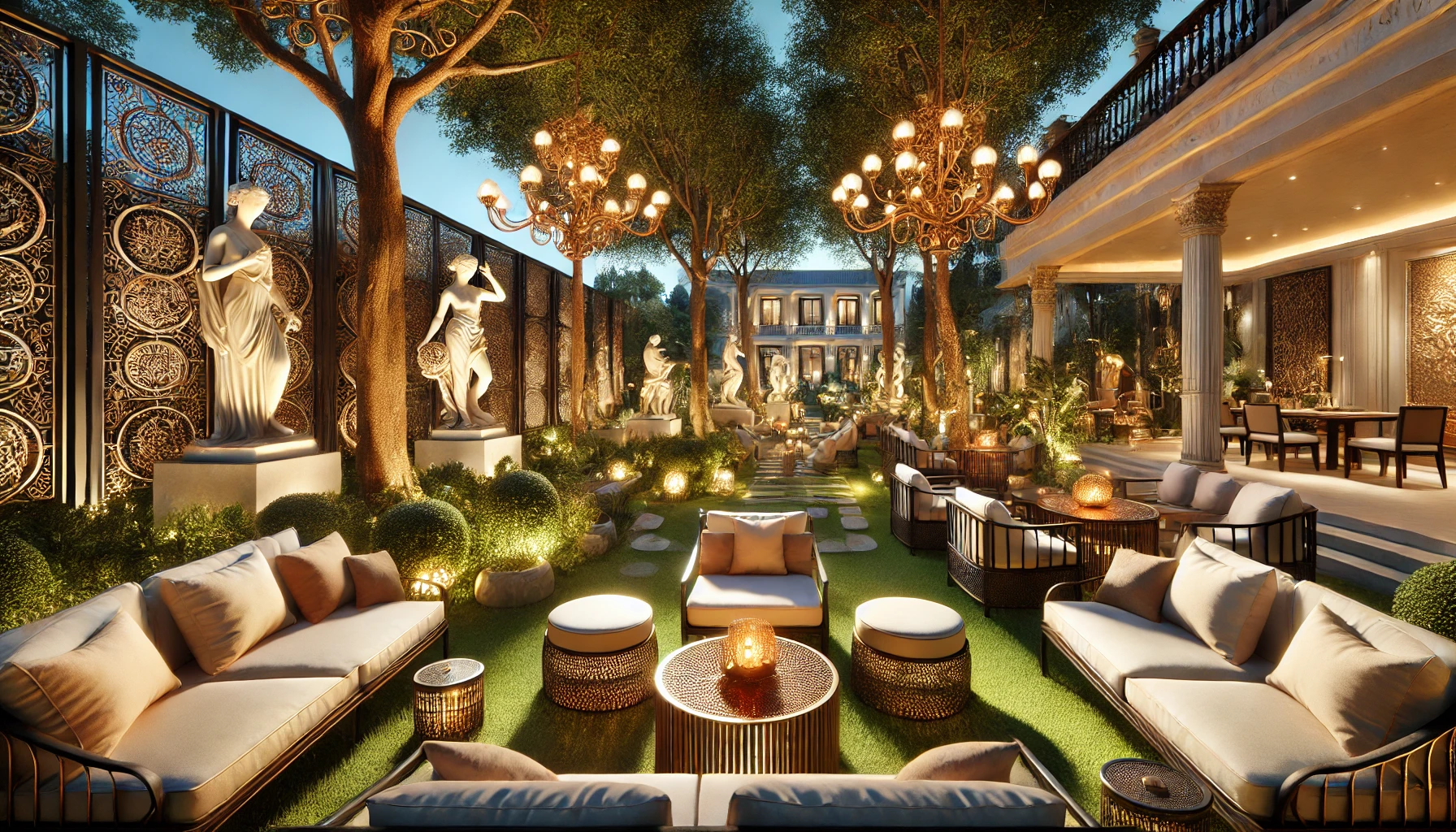 A Garden Decorated With Sculptures, Artistic Lighting, And Cozy Seating Areas For Evening Gatherings.