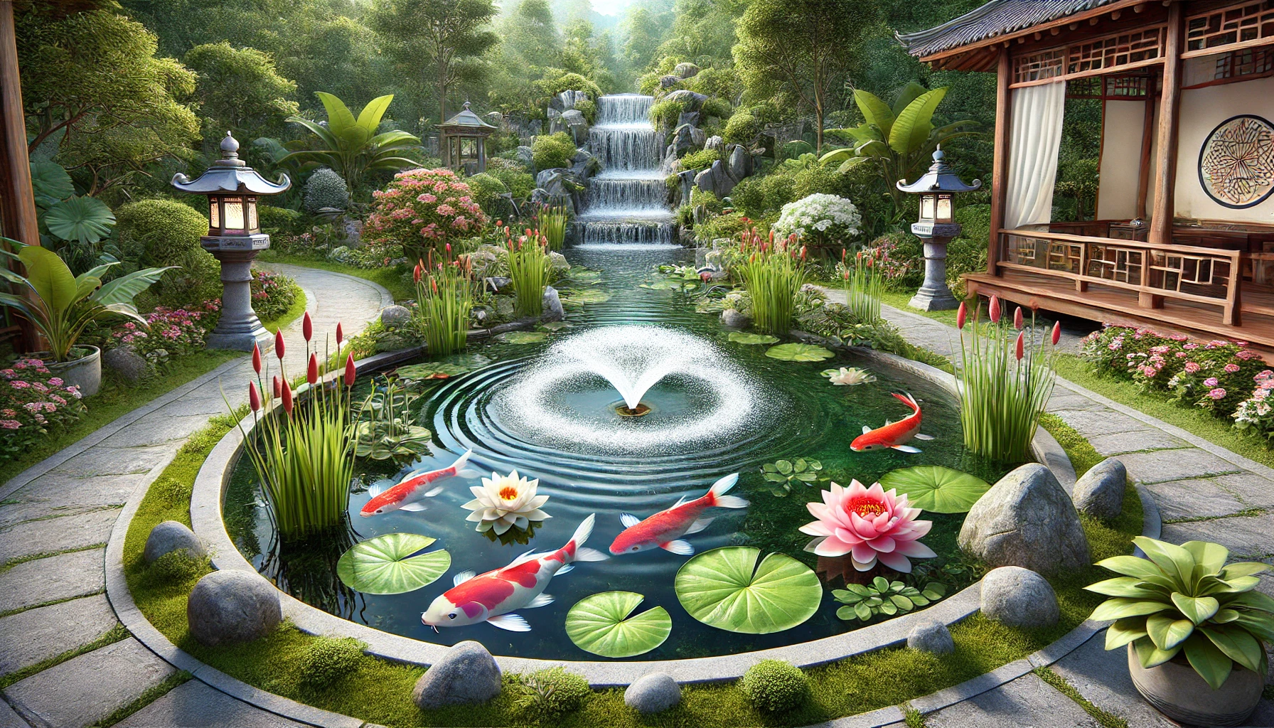 A Garden Pond With Koi Fish, Water Lilies, And A Gentle Fountain Creating A Peaceful Ambiance.