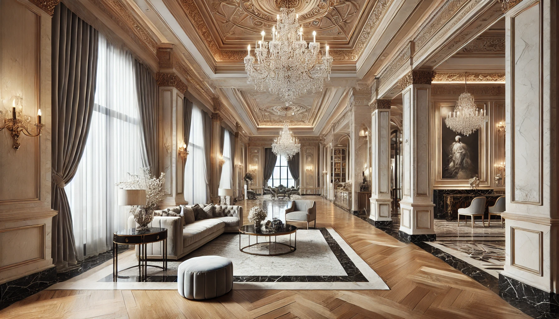 A Luxury Home Interior With High End Materials Like Marble, Hardwood, And Crystal Chandeliers, Combining Modern Innovation With Classic Opulence.