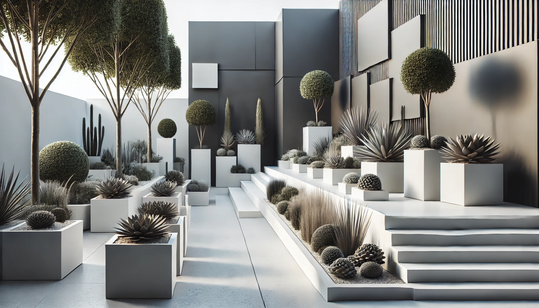 A Sleek, Minimalist Garden Featuring Geometric Shapes, Modern Planters, And Structured Plants Like Succulents.