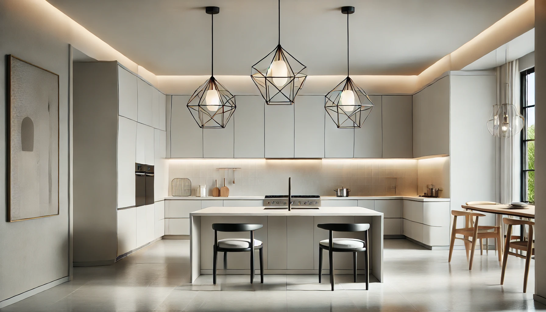 A Sleek Modern Kitchen With Geometric Pendant Lights, Recessed Lighting, And Clean Lines Creating A Minimalist Look.