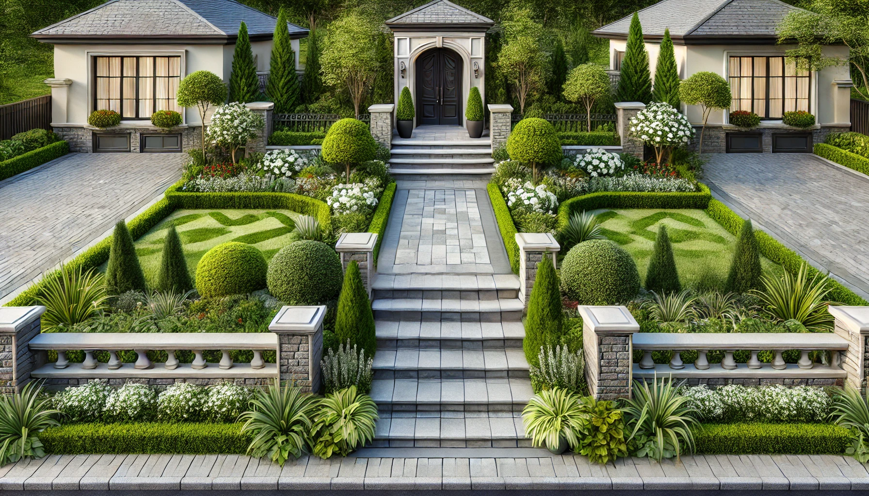 A Well Designed Front Yard With A Stone Pathway, Symmetrical Plants, And A Welcoming Entrance To The Home.