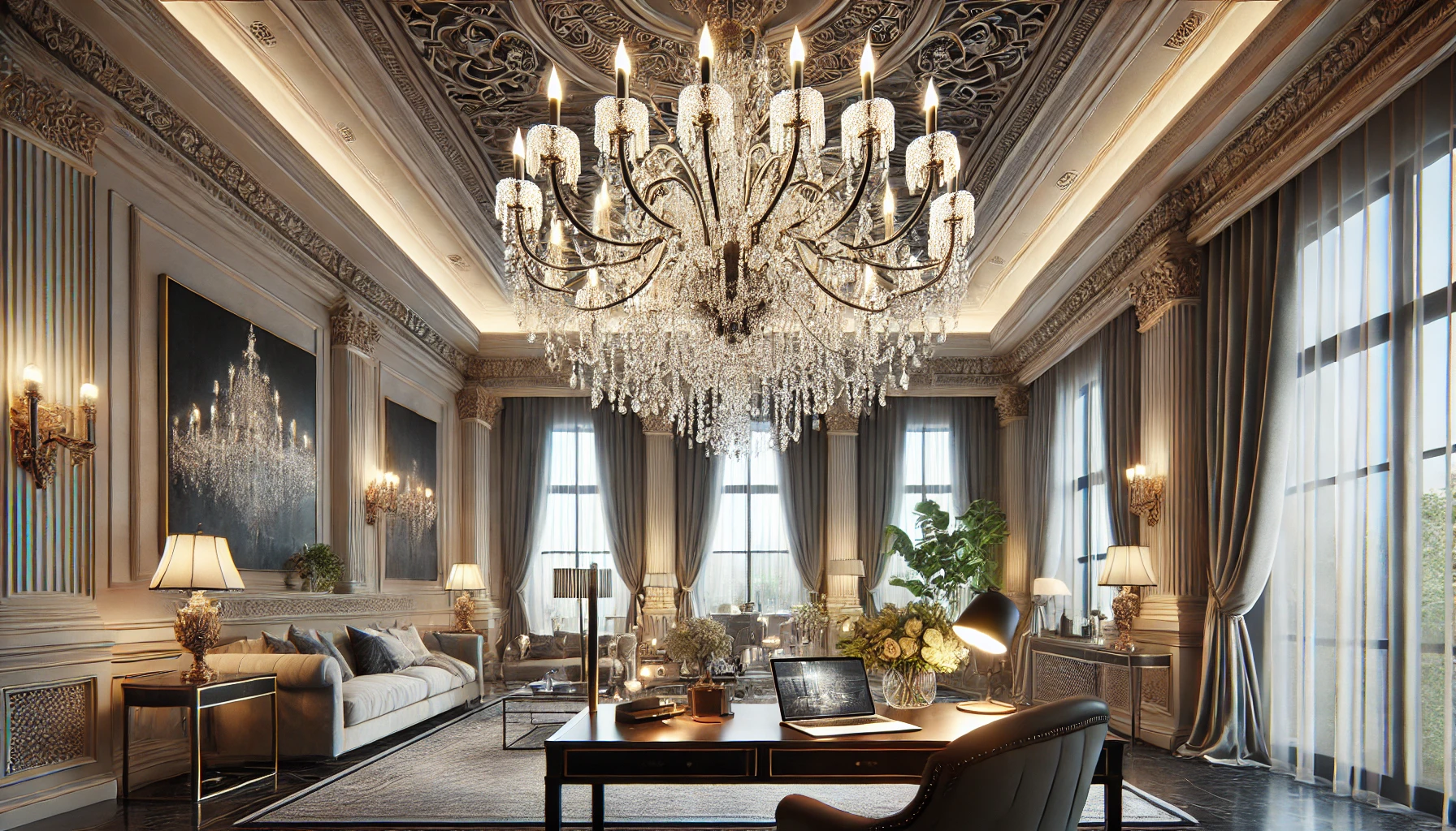 An Opulent Grand Chandelier In A Spacious Living Room, Featuring Luxurious Details And A Refined Atmosphere.