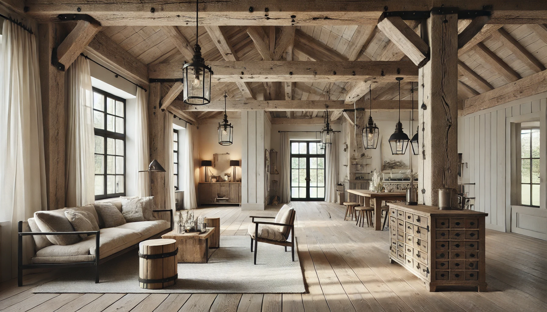 Beautiful Farmhouse Interior Combining Old World Charm With Modern Elegance, Featuring Reclaimed Wooden Beams, Industrial Style Lighting, And Minimalist Décor.