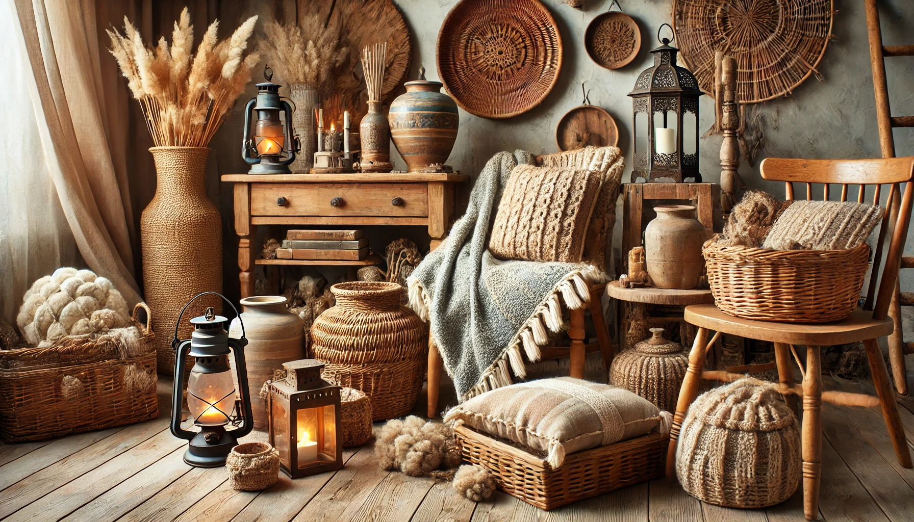 Beautifully Decorated Rustic Home With Woven Baskets, Wool Throws, Vintage Lanterns, Handcrafted Pottery, Antique Wooden Furniture, And Metal Accents.