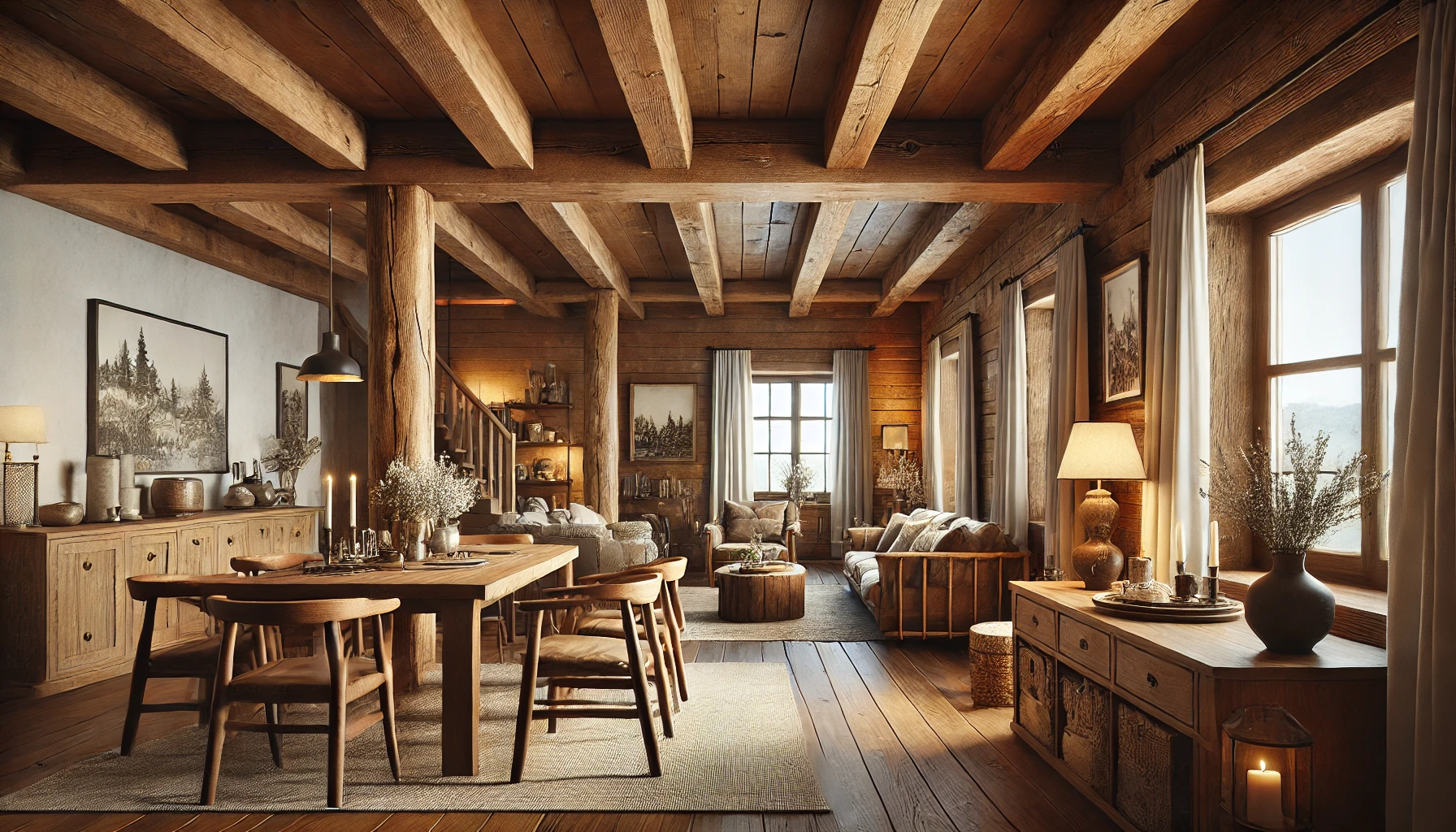 Beautifully Designed Rustic Home With Wooden Beams, Handcrafted Furniture, And Earthy Tones, Perfectly Balancing Style And Comfort.