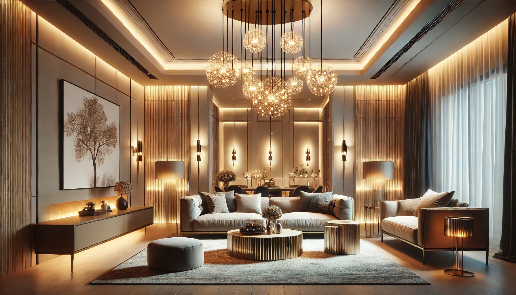 Beautifully Lit Modern Living Room Featuring Layered Lighting, Including Chandeliers, Sconces, And Ambient Lighting That Creates A Warm, Cozy Atmosphere.