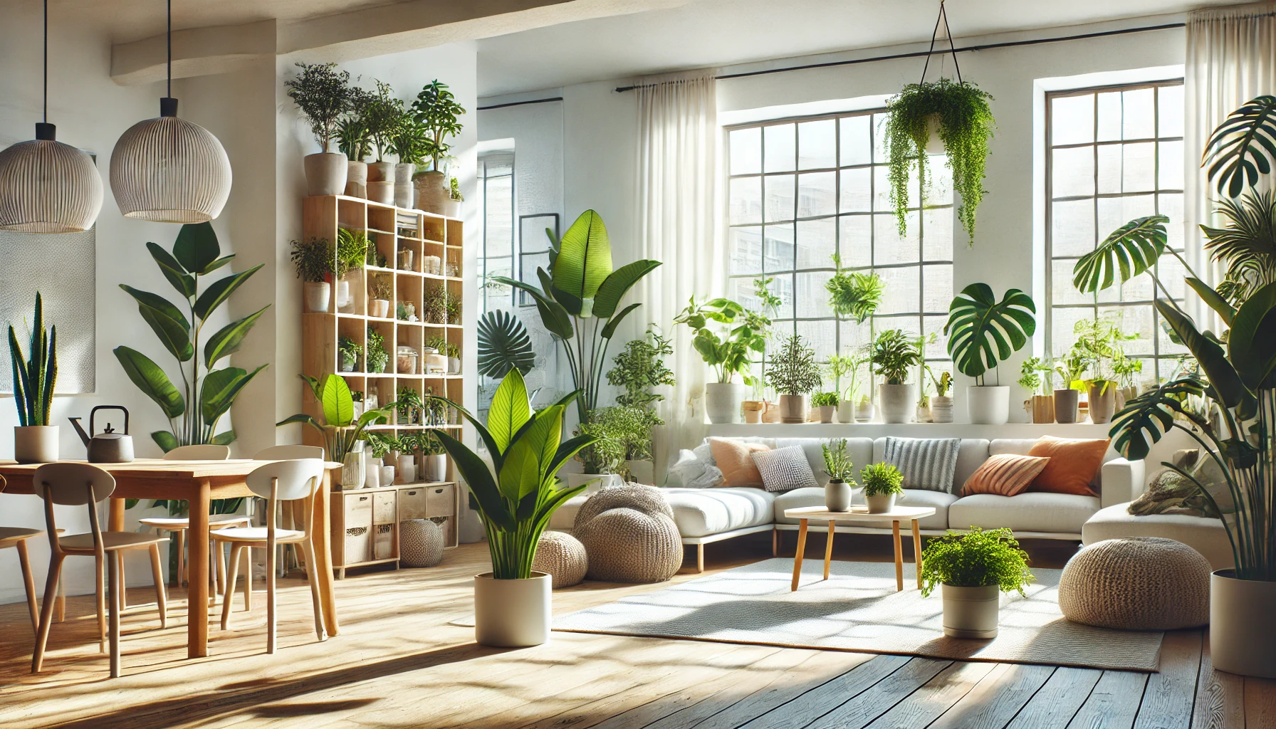 Bright And Airy Living Space Filled With Natural Light, Houseplants, And Non Toxic Materials, Designed For Comfort And Occupant Health.