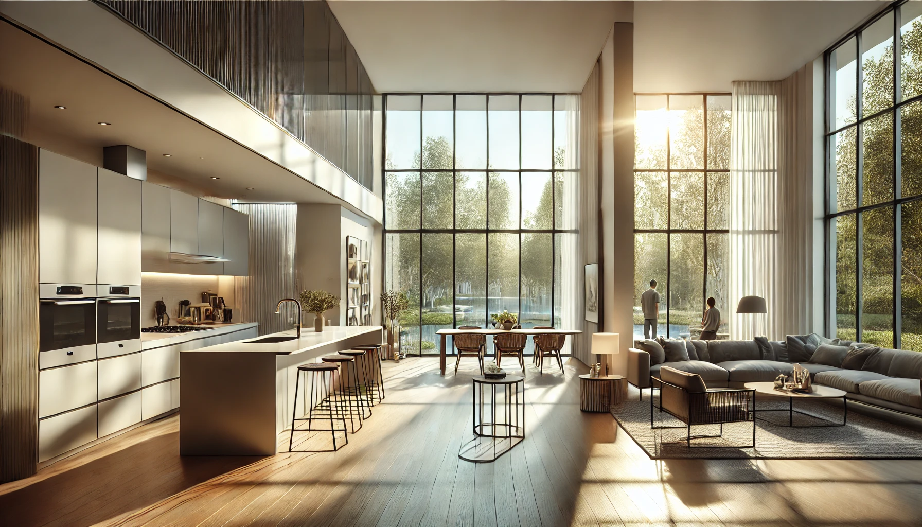 Bright And Airy Open Floor Plan With Large Floor To Ceiling Windows, Allowing Sunlight To Fill The Connected Kitchen, Living Room, And Dining Area.