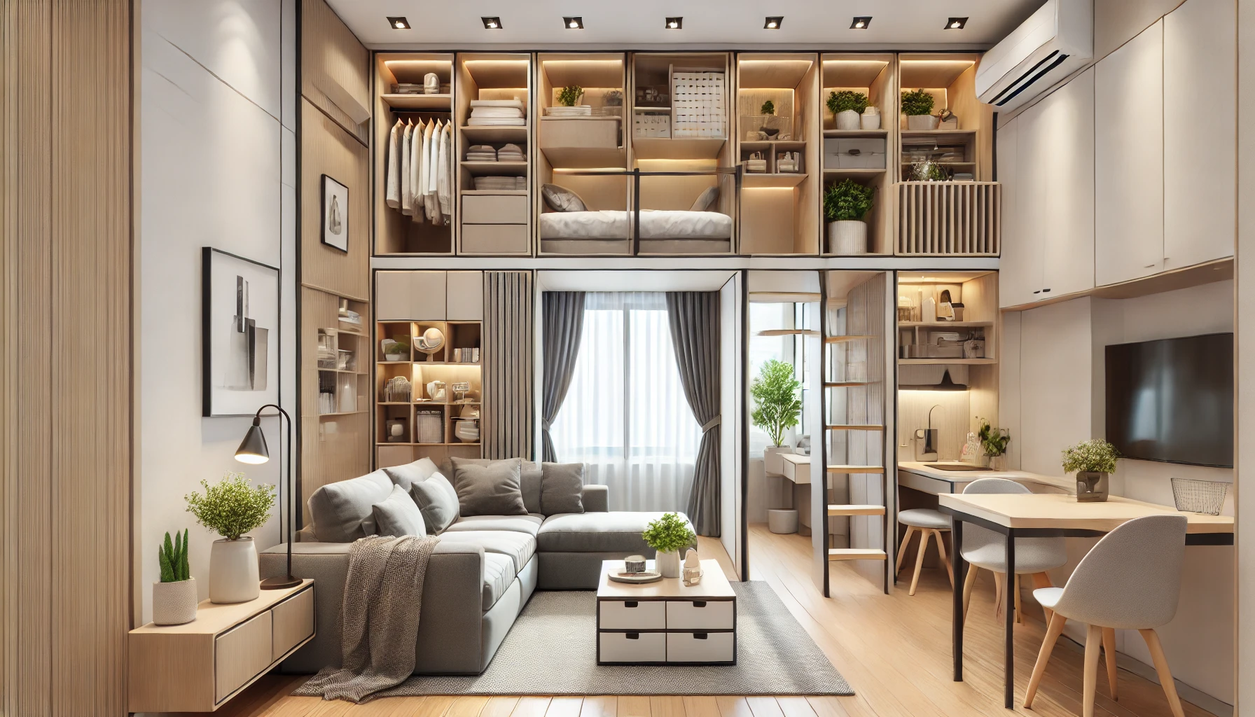 Compact Yet Highly Functional Open Concept Apartment, Showcasing Efficient Use Of Space With Multifunctional Furniture And Clever Space Saving Solutions.