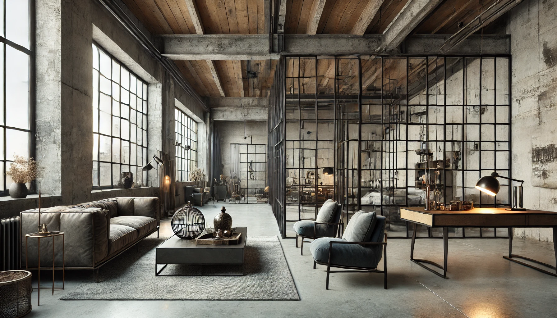 Contemporary Apartment Featuring Industrial Design Elements, Such As Metal Framed Windows, Exposed Beams, And A Raw Concrete Floor.