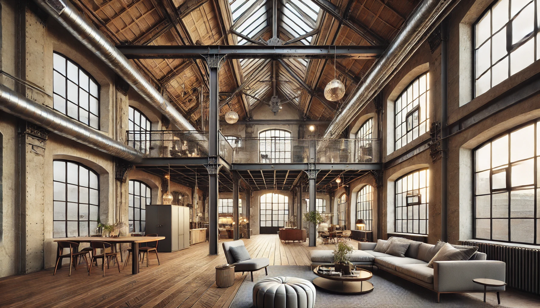 Converted Industrial Warehouse Loft With Tall Ceilings, Exposed Beams, Visible Ductwork, And A Blend Of Historical And Modern Design Elements.