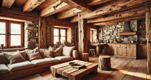 Cozy Rustic Living Room With Exposed Wooden Beams, Stone Walls, And Raw, Unfinished Wooden Furniture, Creating A Warm And Inviting Atmosphere.