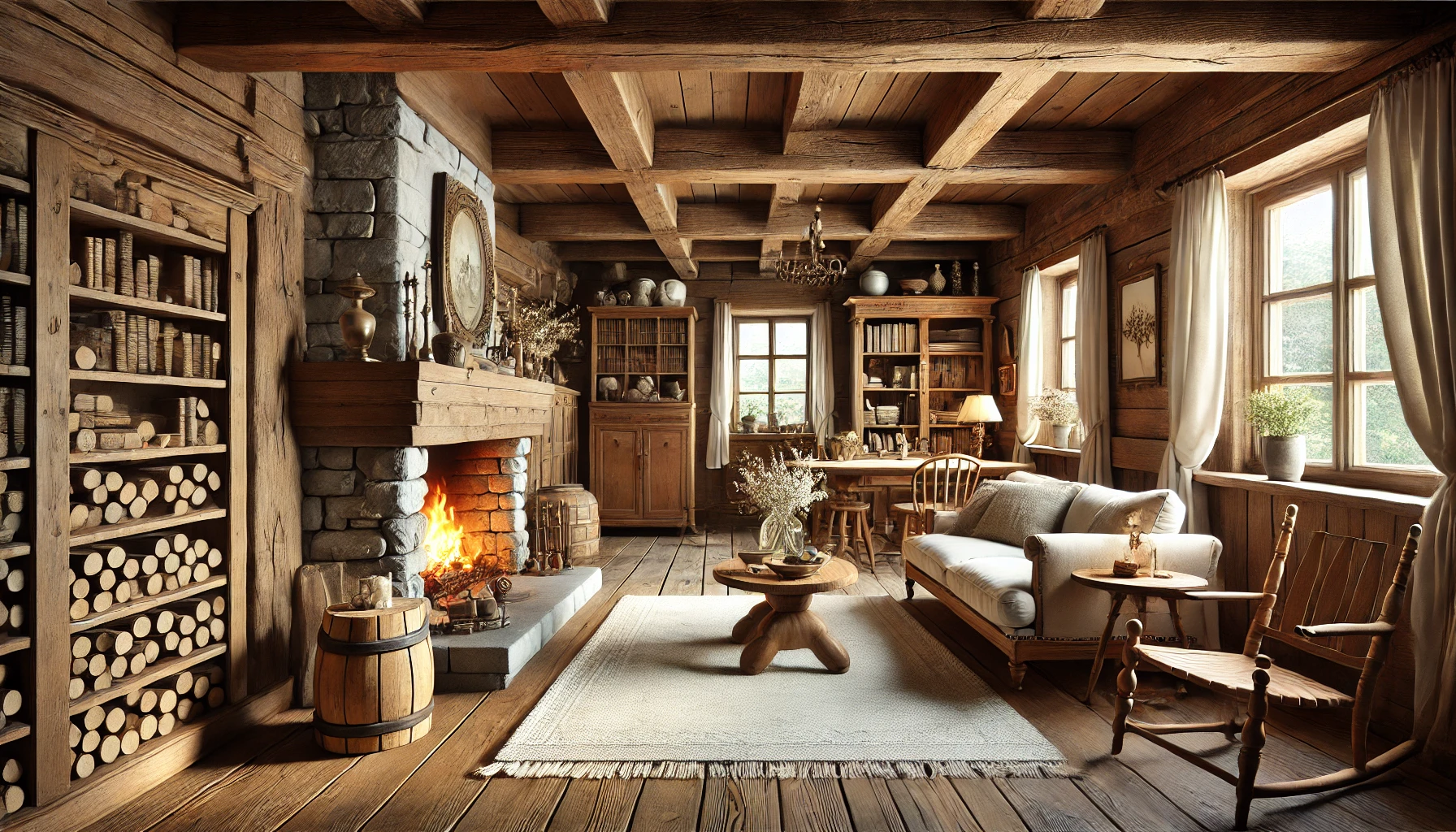 Cozy Rustic Living Room With Wooden Beams, A Stone Fireplace, And Vintage Furniture.