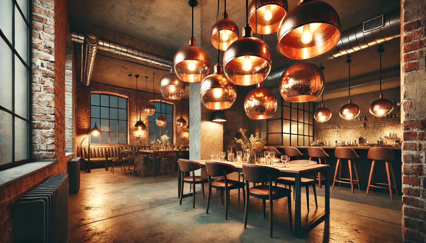 Dining Area Illuminated By Large, Vintage Style Copper Pendant Lights, Complementing The Raw Materials Like Concrete Floors And Brick Walls.